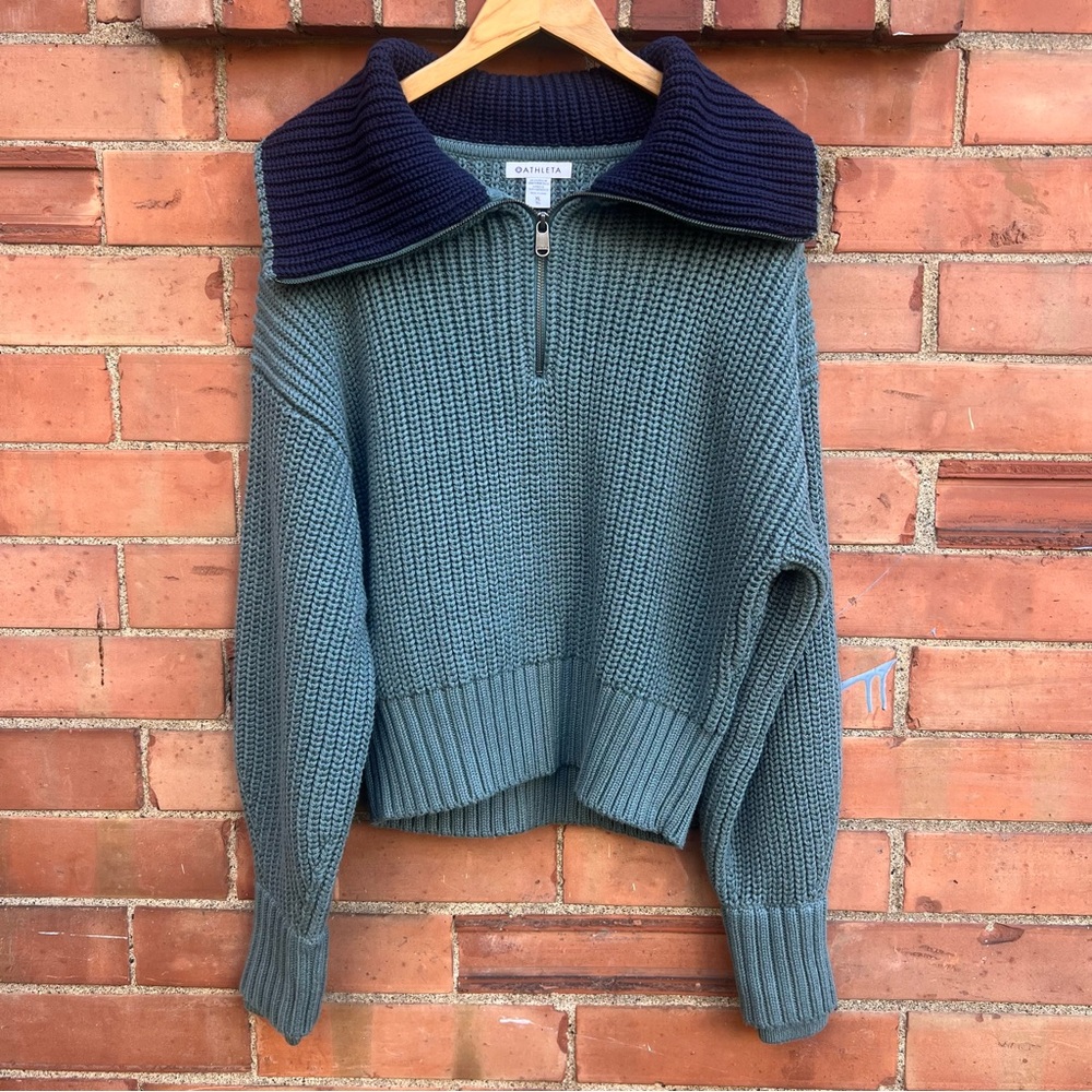Athleta Alder Blue and Navy Knit Sweater 1/4 Zip Chunky and Thick